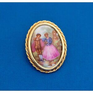 Vintage Friends Painting Brooch by Limoges - D29